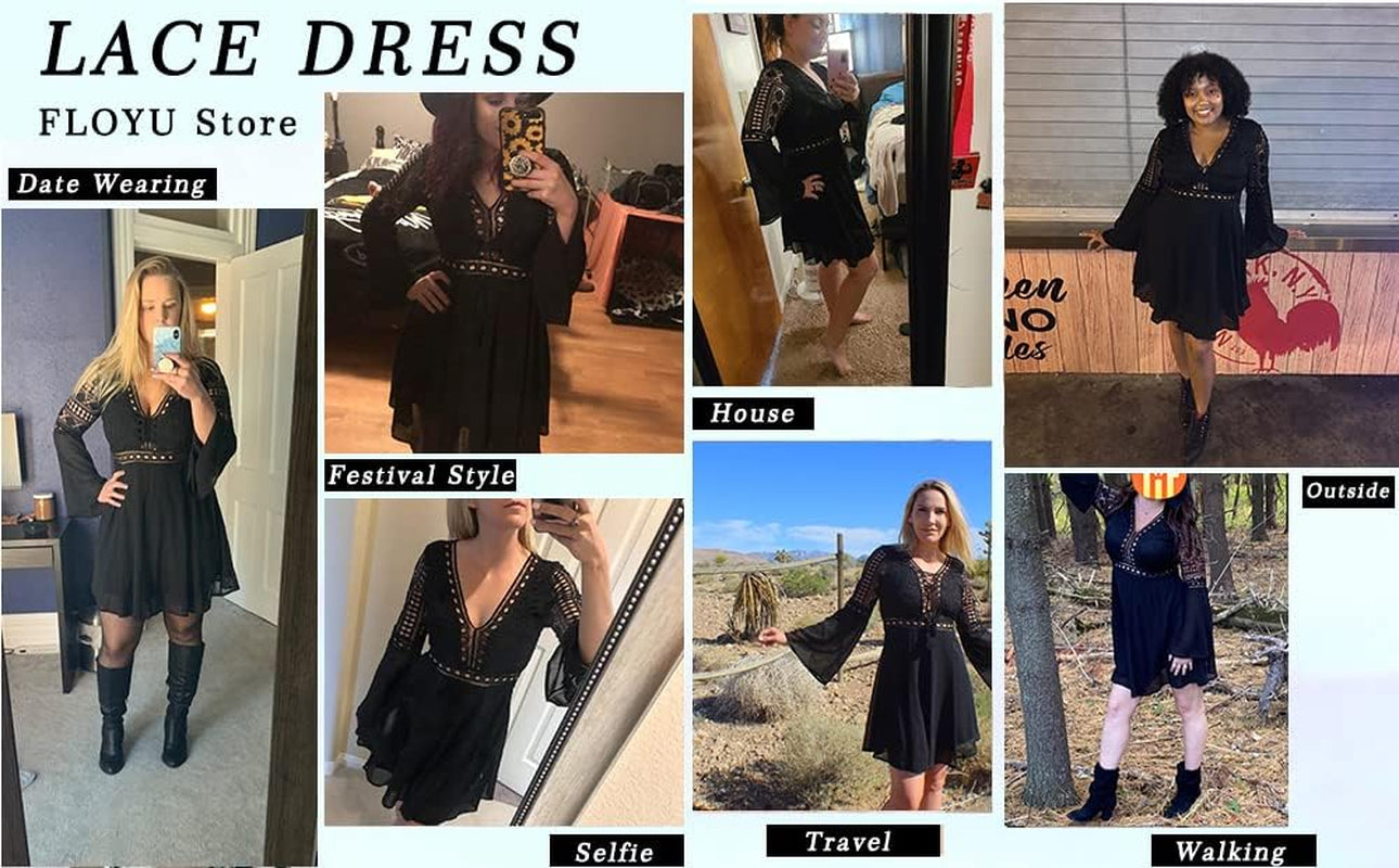 Halloween Lace Dresses for Women Crochet High Waisted Elegent Dress Deep V Neck Ruffle Long Sleeve Dress