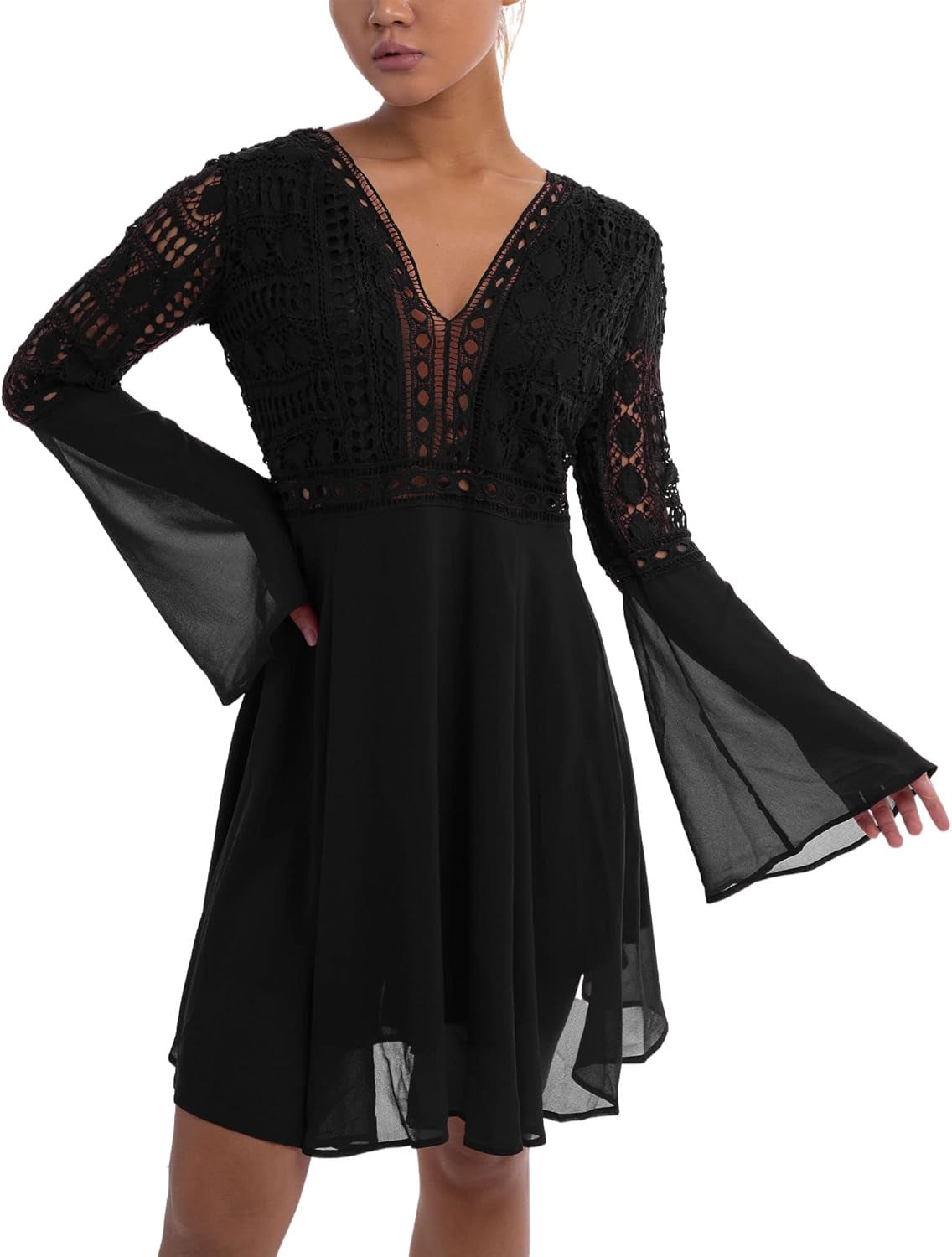 Halloween Lace Dresses for Women Crochet High Waisted Elegent Dress Deep V Neck Ruffle Long Sleeve Dress