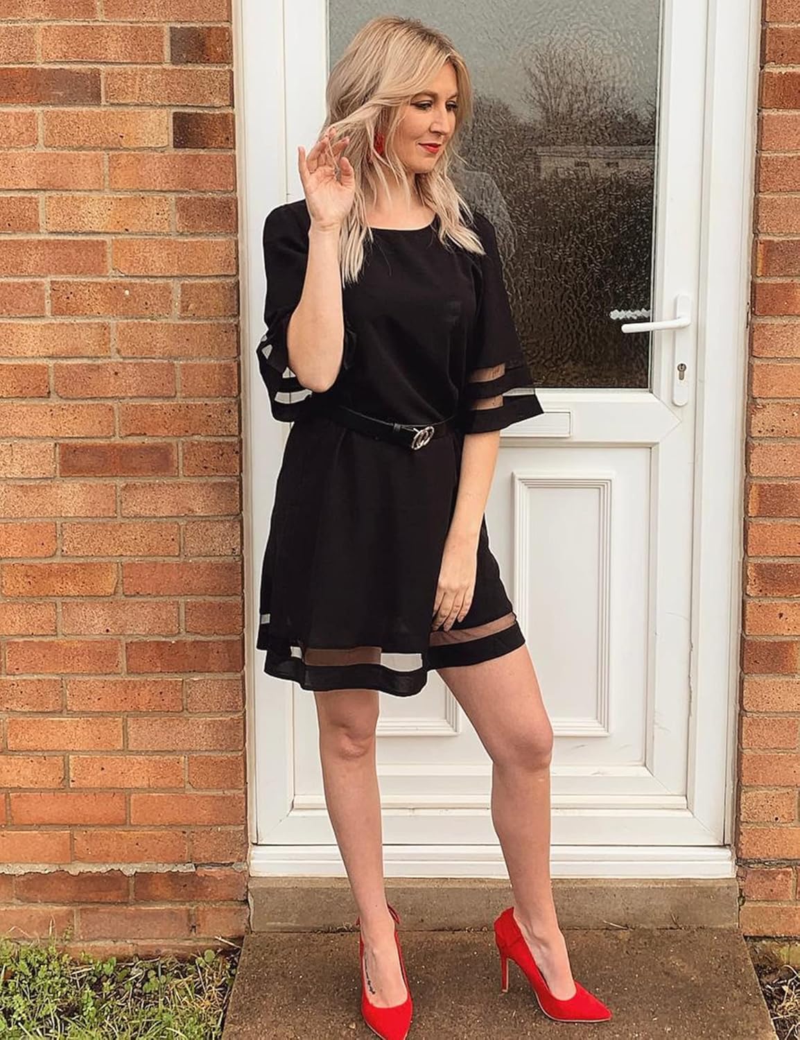 Women Casual Crewneck Mesh Panel 3/4 Bell Sleeve Loose Tunic Dress