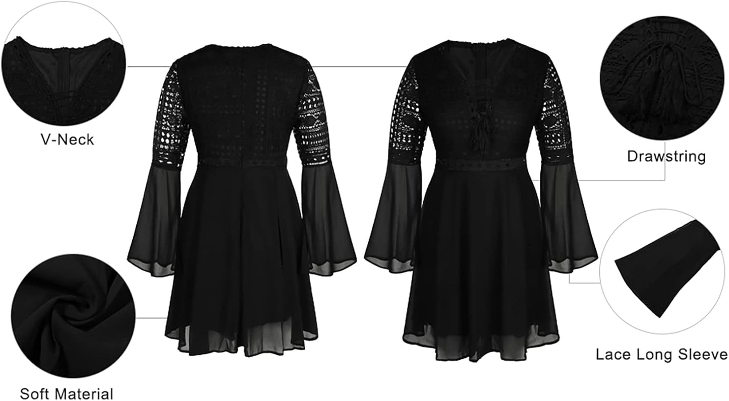 Halloween Lace Dresses for Women Crochet High Waisted Elegent Dress Deep V Neck Ruffle Long Sleeve Dress