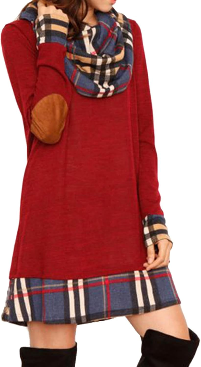 Women's Long Sleeve Plaid Cowl Neck Tunic Dress - Trendy Casual Fall and Winter Fashion