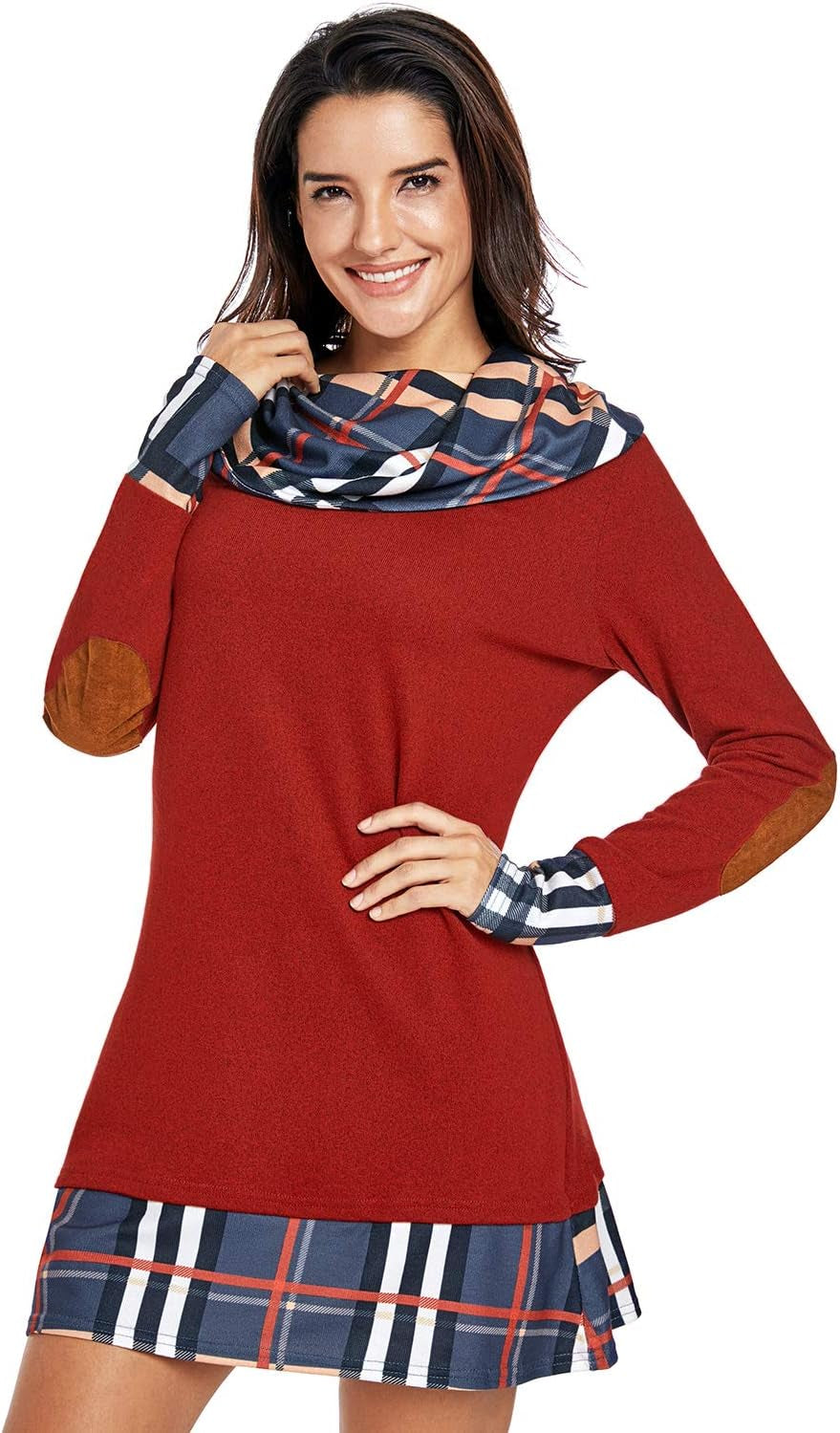 Women's Long Sleeve Plaid Cowl Neck Tunic Dress - Trendy Casual Fall and Winter Fashion