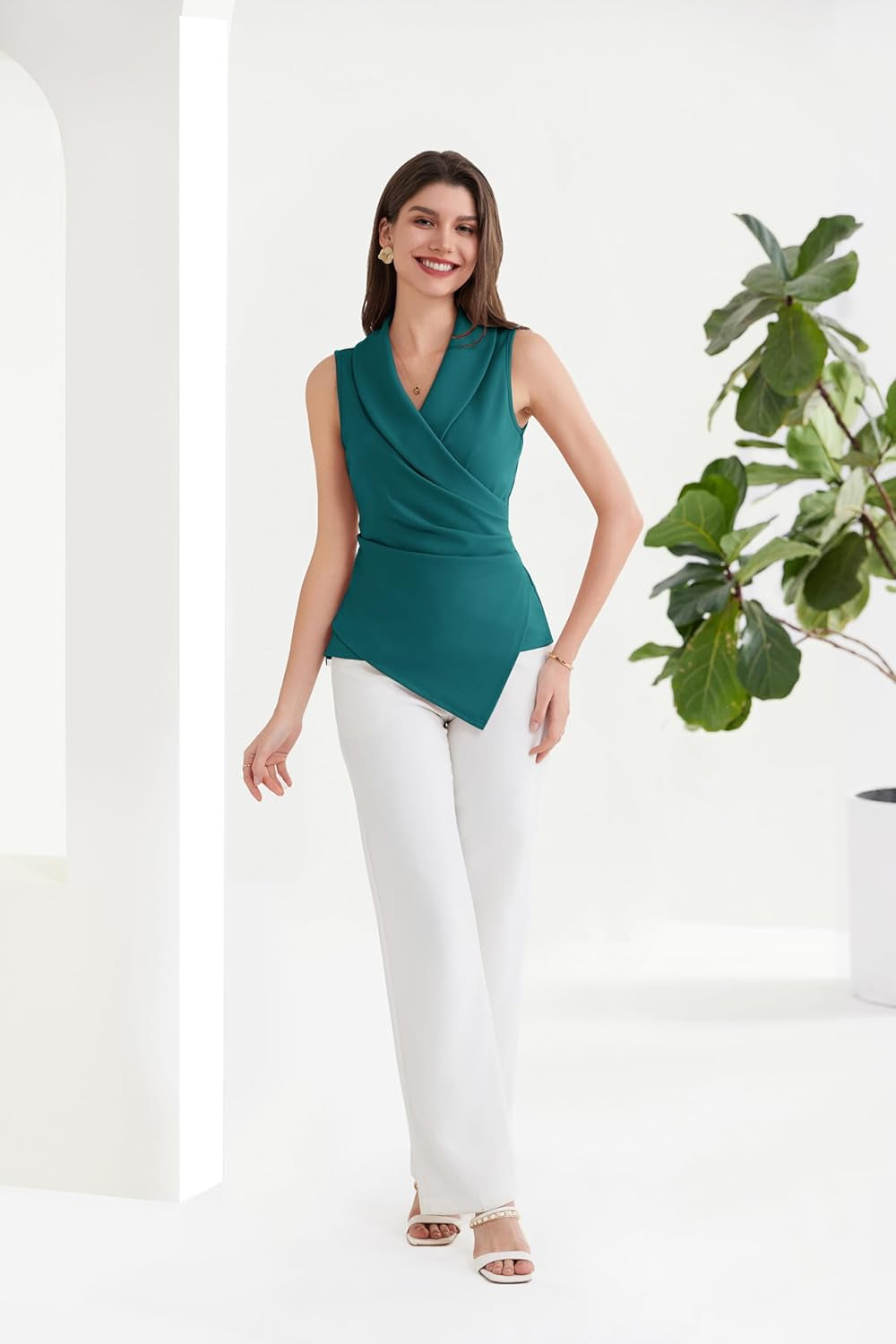 Women'S Wrap V Neck Casual Work Tops Sleeveless Office Dressy Summer Blouse Asymmetrical Elegant Shirts