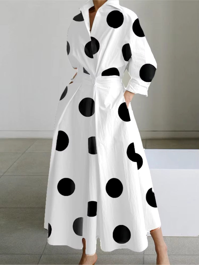 Autumn Dress Long Sleeve Dot Print Elegant Maxi Dresses for Women 2024 White Casual V Neck Shirt Party Long Dress Robe Femme