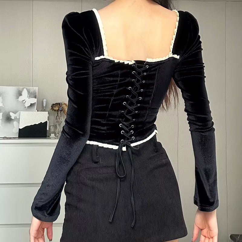 Vintage Black Velvet Blouse Top Square Neck Long Sleeve Cropped Blouses for Women Fashion 2024 Elegant Shirts and Blouses