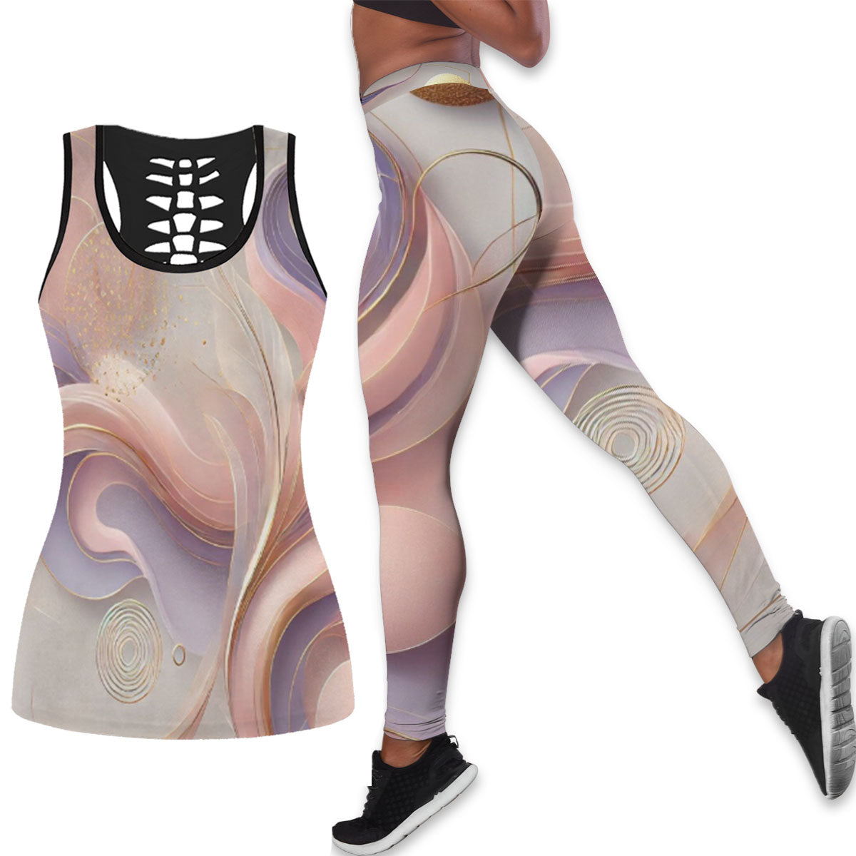 Chic and Comfy AOP Lady's Hollow Tank & Legging Set - Perfect for Active Days!