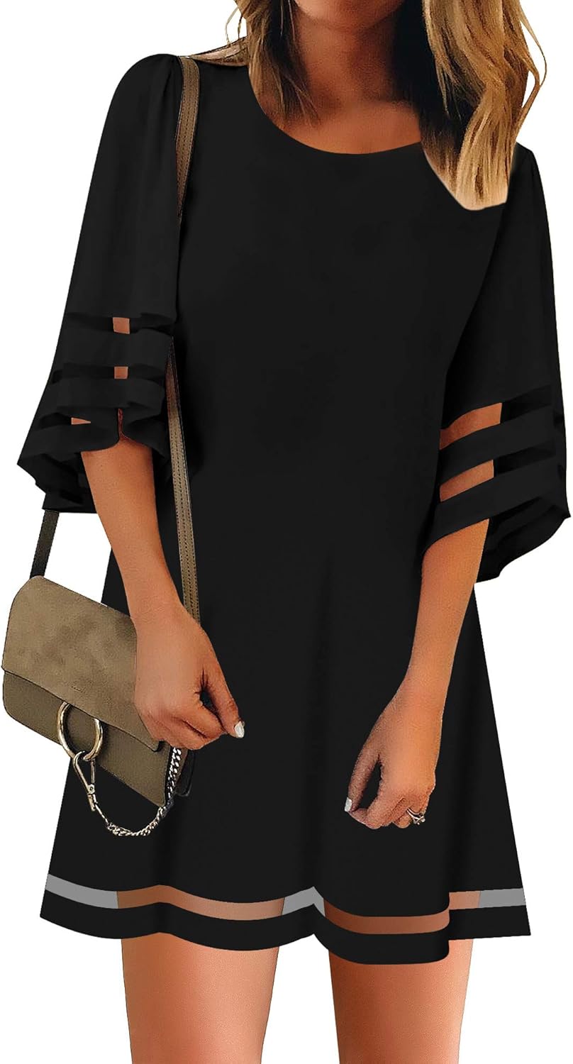 Women Casual Crewneck Mesh Panel 3/4 Bell Sleeve Loose Tunic Dress