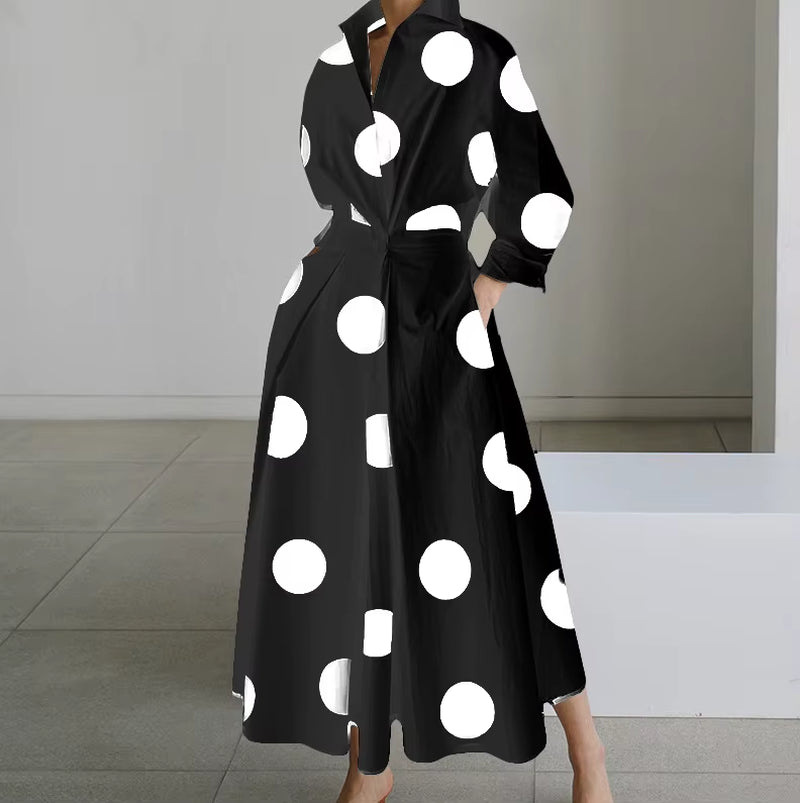 Autumn Dress Long Sleeve Dot Print Elegant Maxi Dresses for Women 2024 White Casual V Neck Shirt Party Long Dress Robe Femme