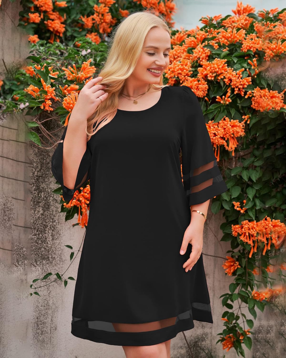 Women Casual Crewneck Mesh Panel 3/4 Bell Sleeve Loose Tunic Dress