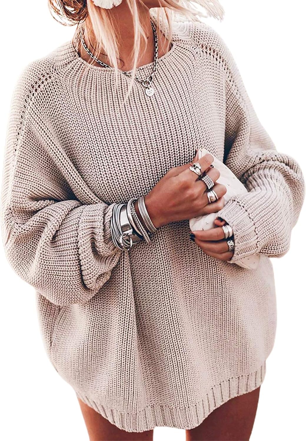 Elevate Your Wardrobe with Our Stylish Women's Oversized Batwing Sleeve Mock Neck Chunky Knit Pullover Sweater in Elegant Beige