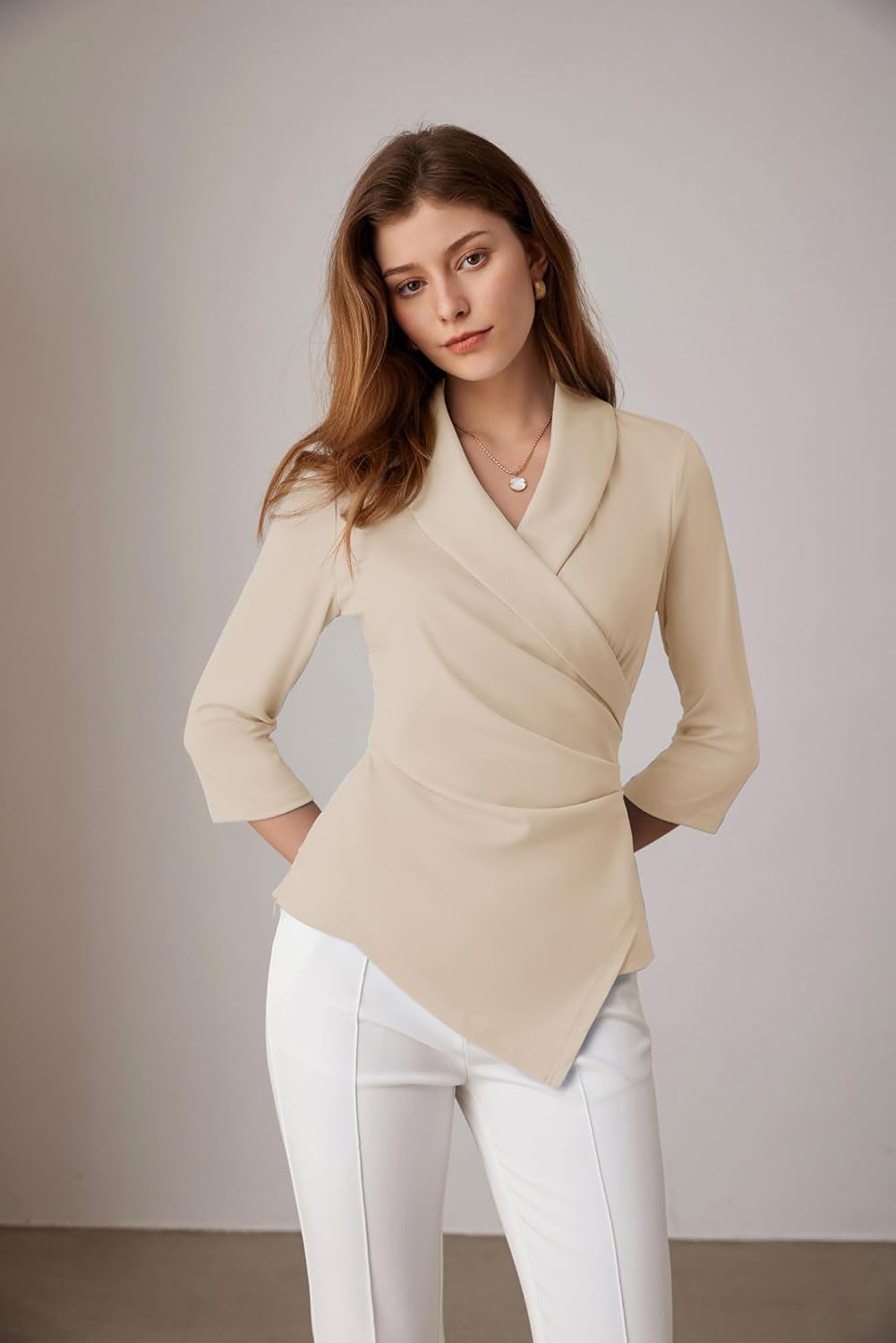 Women'S V Neck Casual Work Tops 3/4 Sleeve Office Dressy Blouse Asymmetrical Elegant Shirts