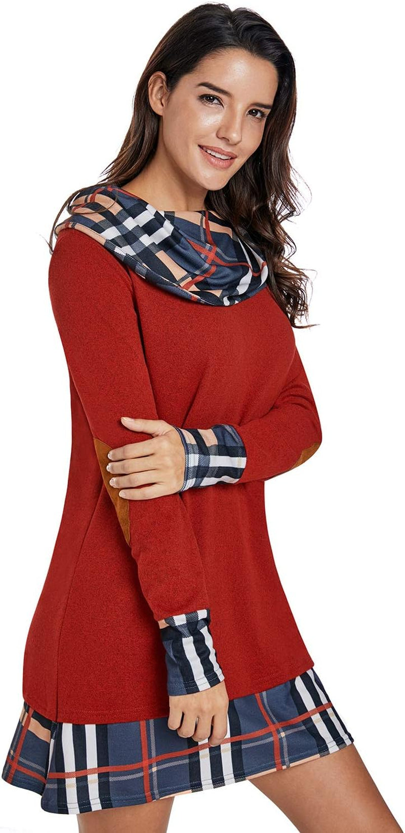 Women's Long Sleeve Plaid Cowl Neck Tunic Dress - Trendy Casual Fall and Winter Fashion 