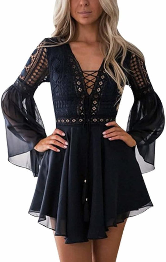 Halloween Lace Dresses for Women Crochet High Waisted Elegent Dress Deep V Neck Ruffle Long Sleeve Dress