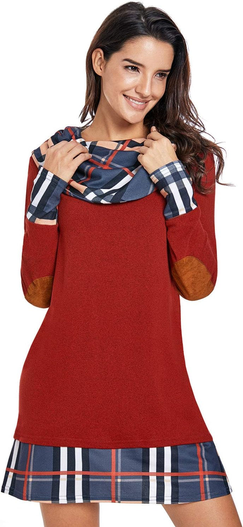 Women's Long Sleeve Plaid Cowl Neck Tunic Dress - Trendy Casual Fall and Winter Fashion 