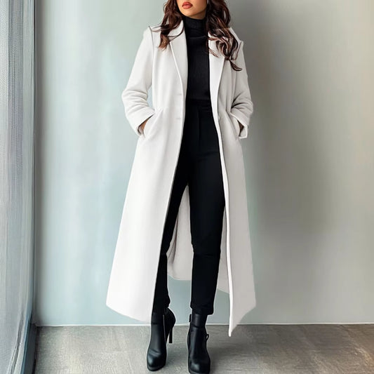 Mia Muse Women'S Coats Autumn Winter Simple White Plain Single Breated Long Sleeve Lapel Loose Pocket Maxi Warm Coats Clothes