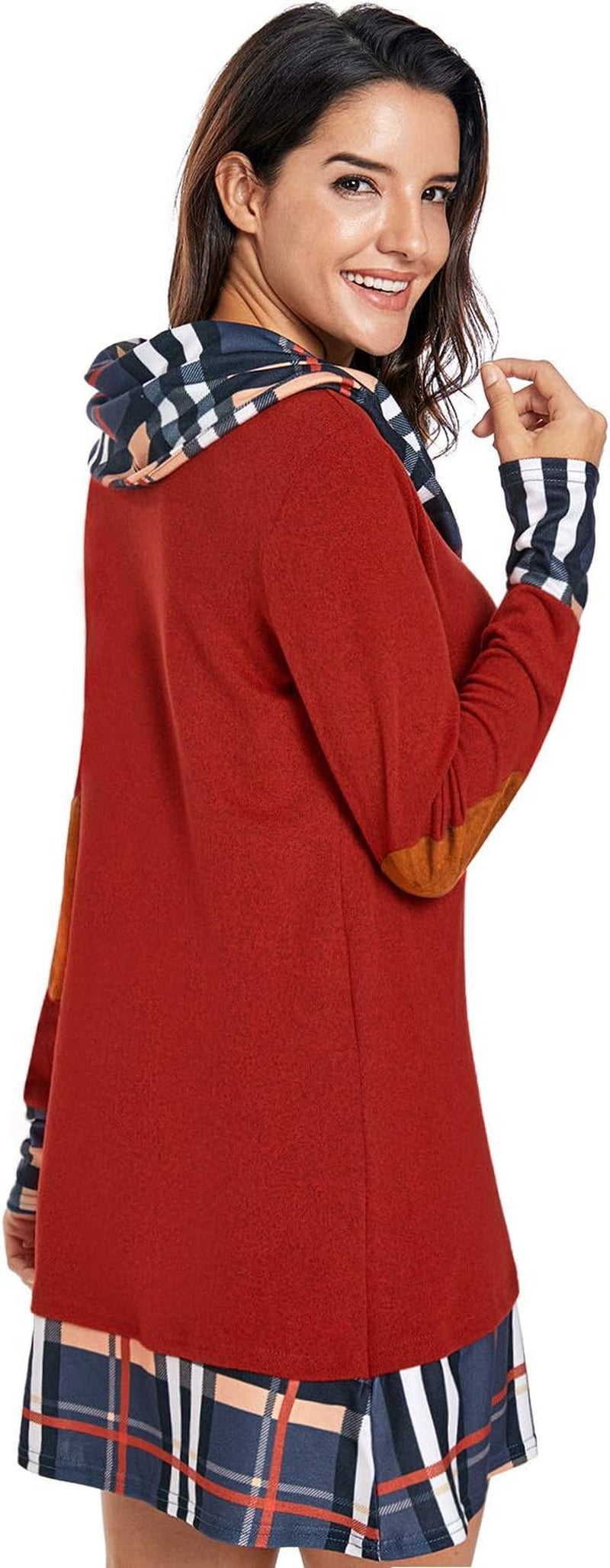 Women's Long Sleeve Plaid Cowl Neck Tunic Dress - Trendy Casual Fall and Winter Fashion 